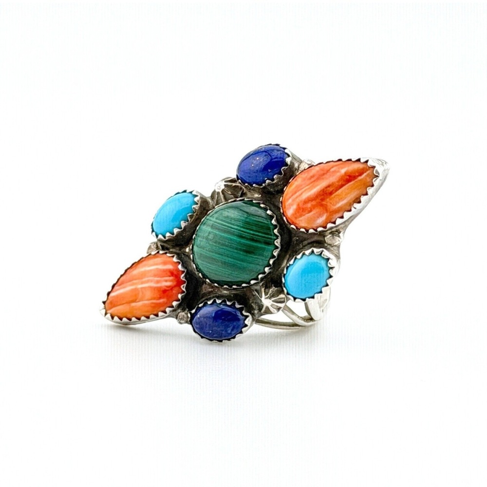 Navajo Signed Roie Jaque Sterling Silver Cluster Ring Turquoise Lapis Oyster 7
